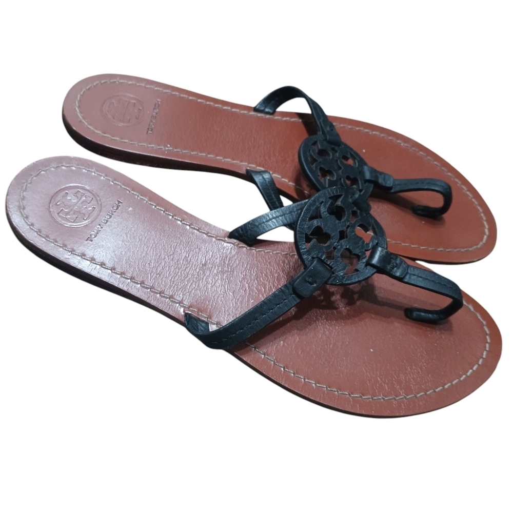 Tory Burch Miller Leather Thong Flat Sandals Women's Size 9 Black Brown Iconic